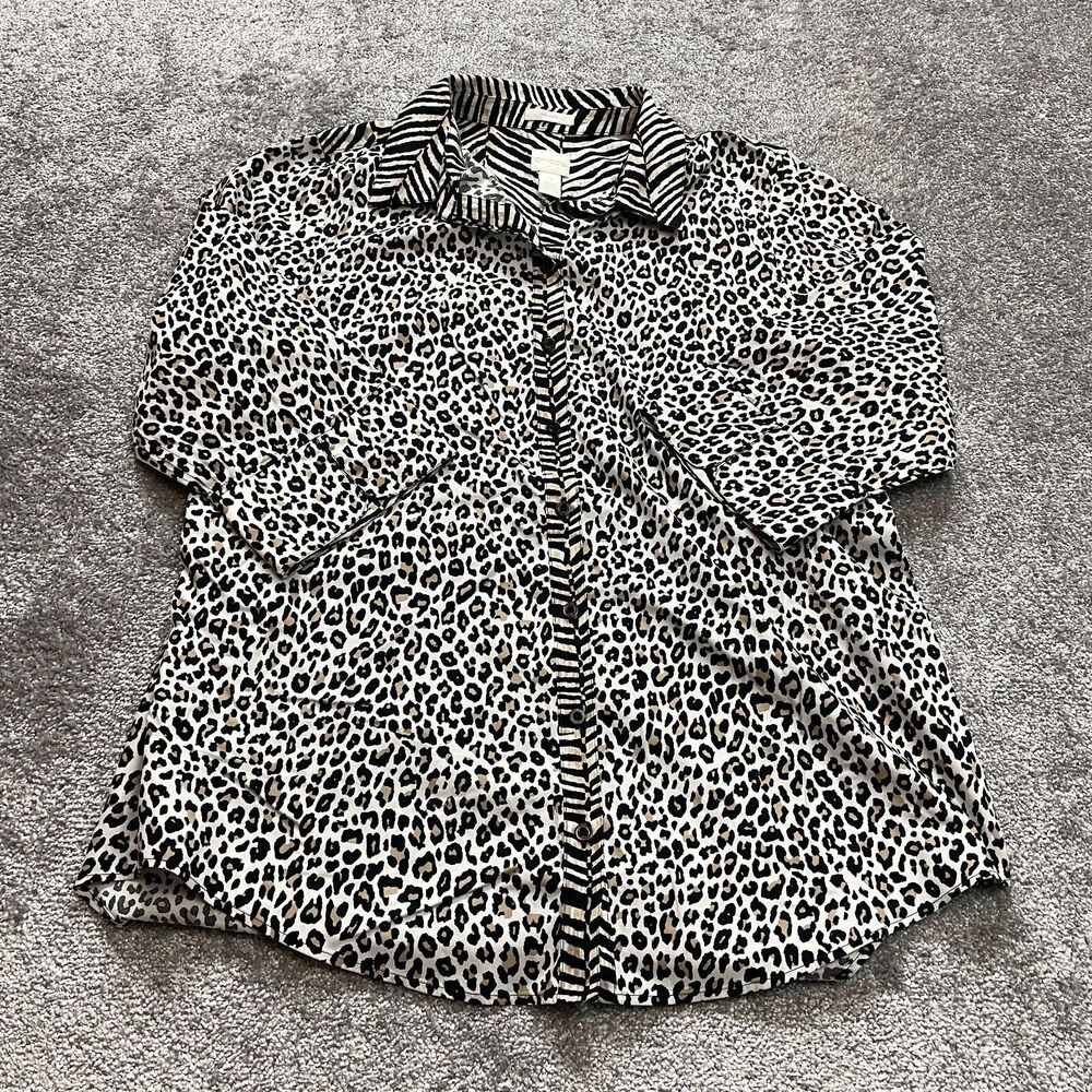 Chico's Blouse Shirt Womens 2 Large Beige Leopard Print Collared Cotton Ladies
